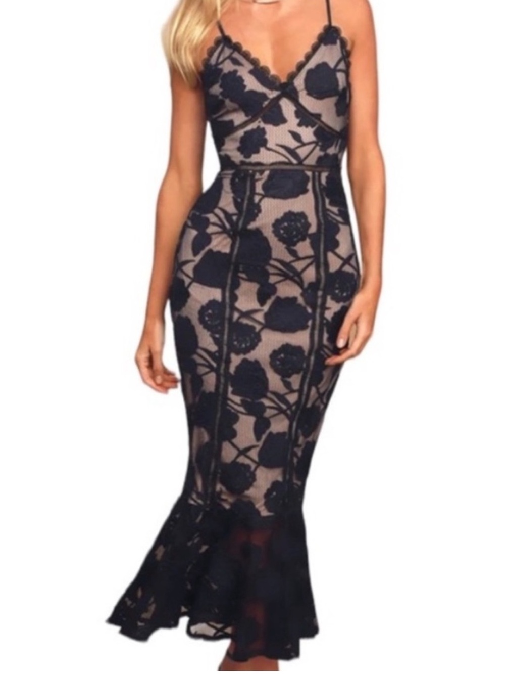 NWT Lulu's Navy Blue Lace Overlay Nude-Illusion Backless Midi Dress